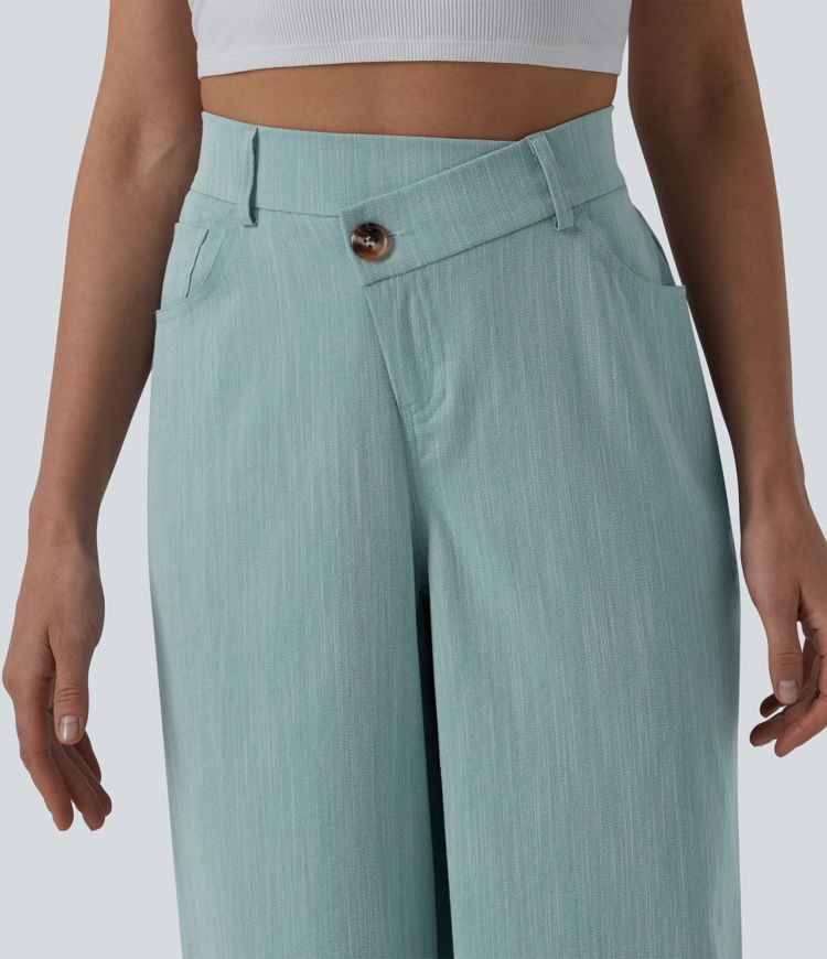 Pantalon large casual taille haute croisée aspect lin avec poches