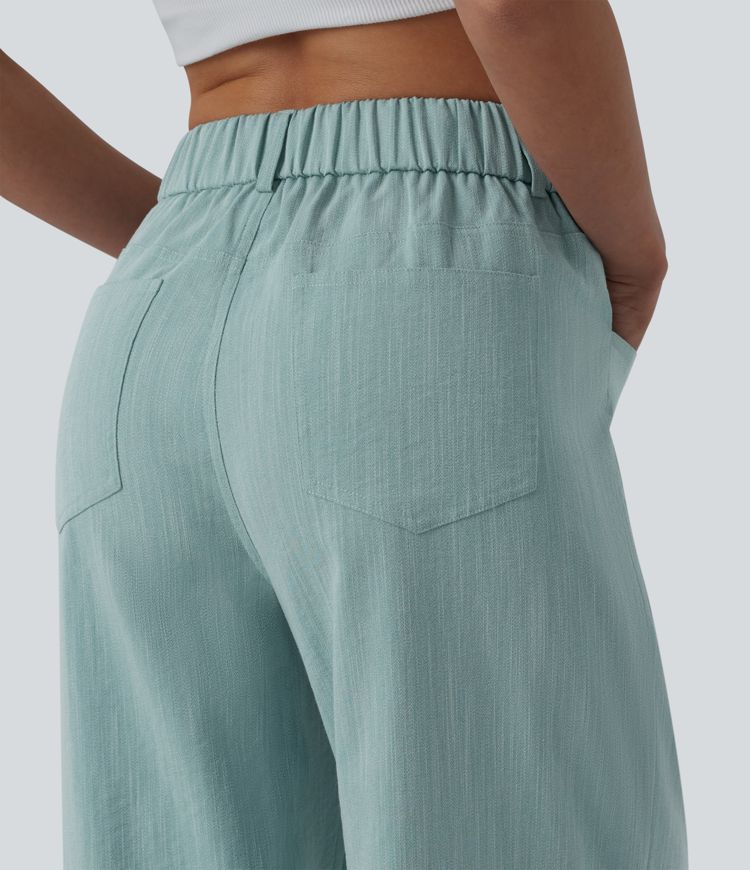 Pantalon large casual taille haute croisée aspect lin avec poches