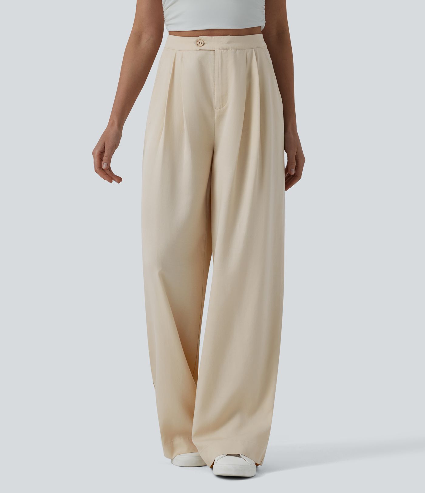 High Waisted Pleated Wide Leg Draped Flowy Linen Casual Trousers with Pockets