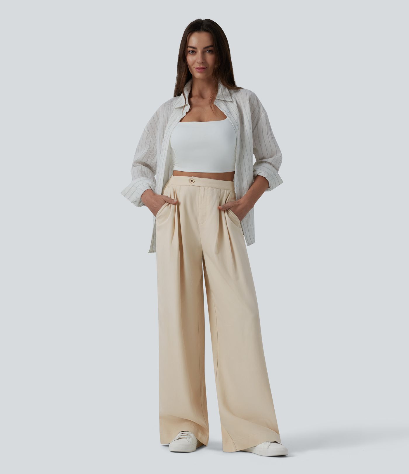 High Waisted Pleated Wide Leg Draped Flowy Linen Casual Trousers with Pockets