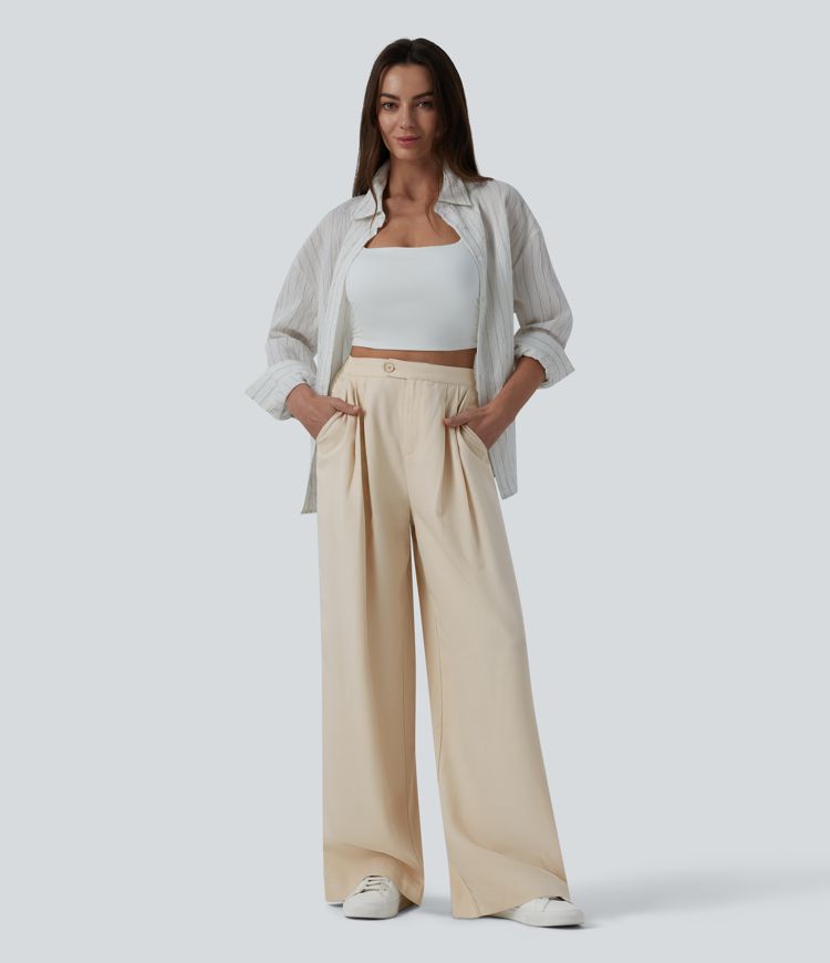 High Waisted Pleated Wide Leg Draped Flowy Linen Casual Trousers with Pockets