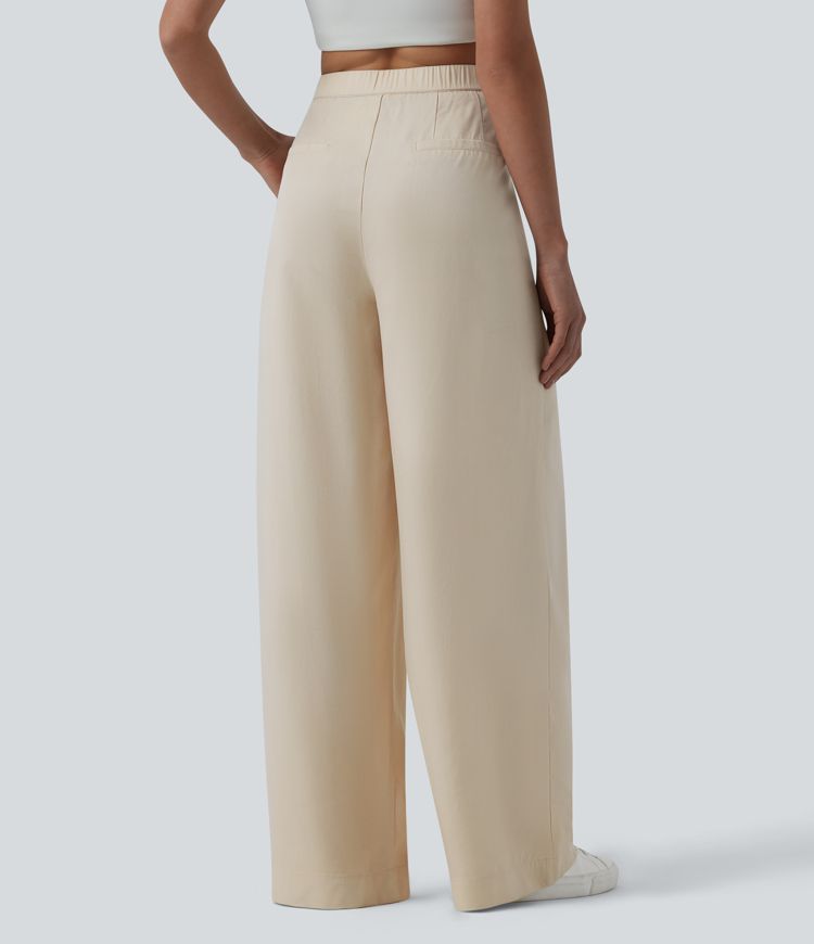 High Waisted Pleated Wide Leg Draped Flowy Linen Casual Trousers with Pockets