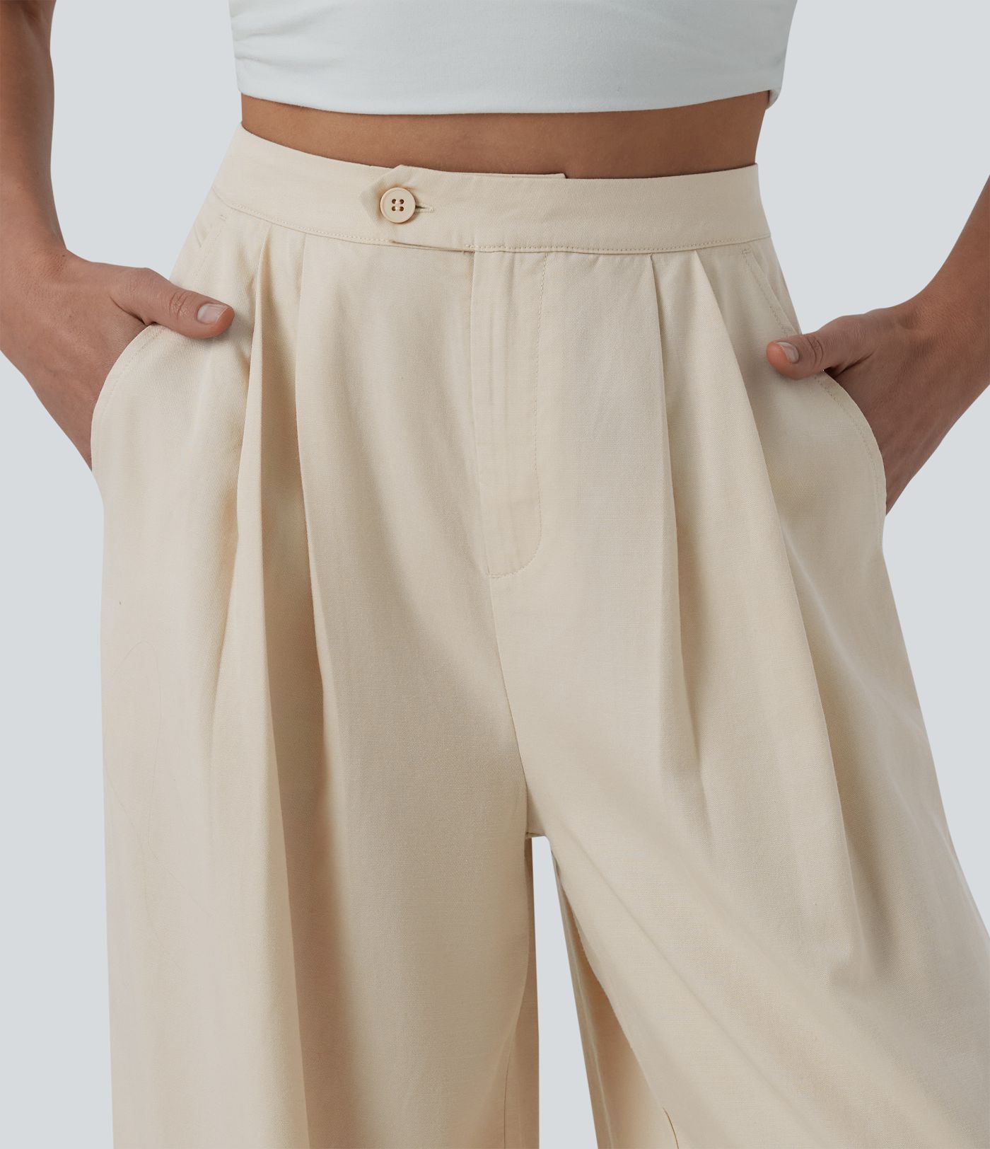 High Waisted Pleated Wide Leg Draped Flowy Linen Casual Trousers with Pockets