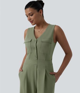 V-neck Sleeveless Pleated Work Jumpsuit with Pockets-Easy Peezy