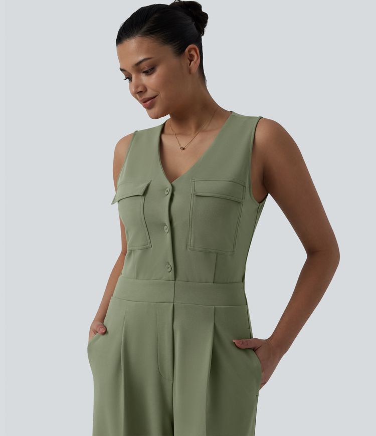 V-neck Sleeveless Pleated Work Jumpsuit with Pockets-Easy Peezy