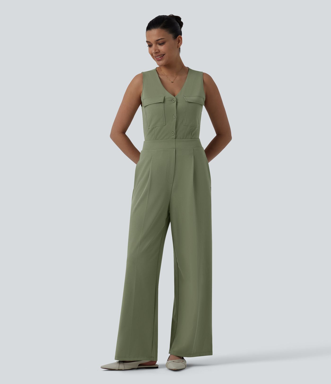 V-neck Sleeveless Pleated Work Jumpsuit with Pockets-Easy Peezy