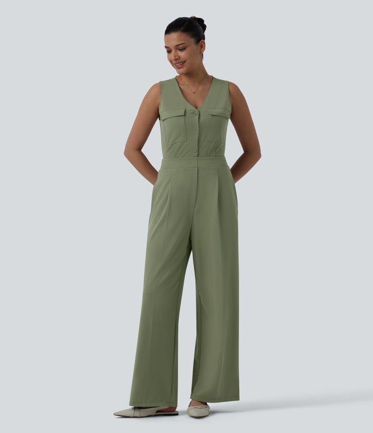 V-neck Sleeveless Pleated Work Jumpsuit with Pockets-Easy Peezy
