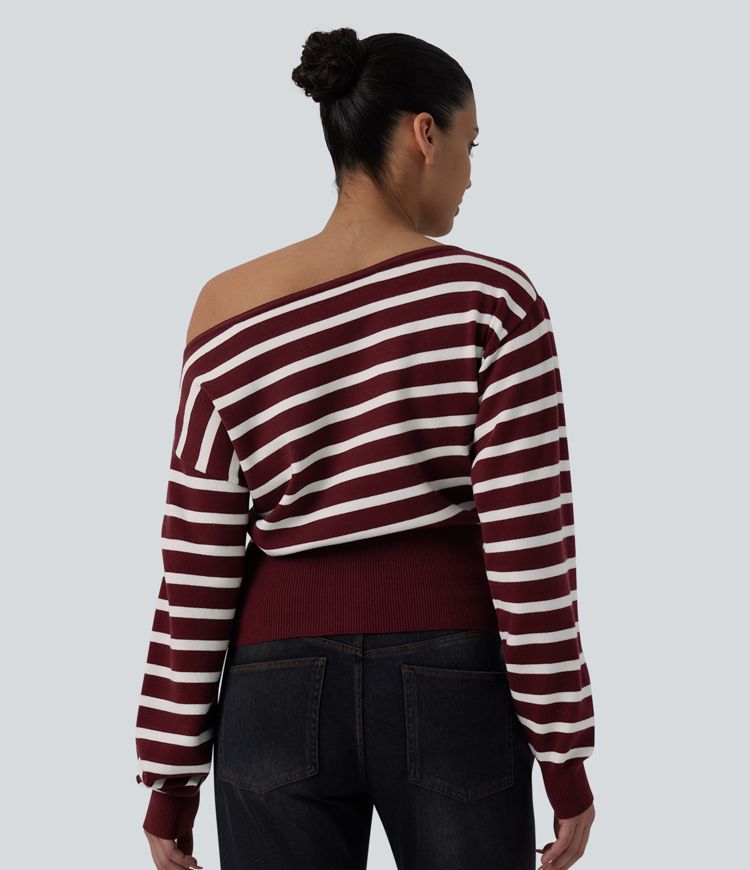 One-shoulder Long Sleeve Stripes Casual Sweater