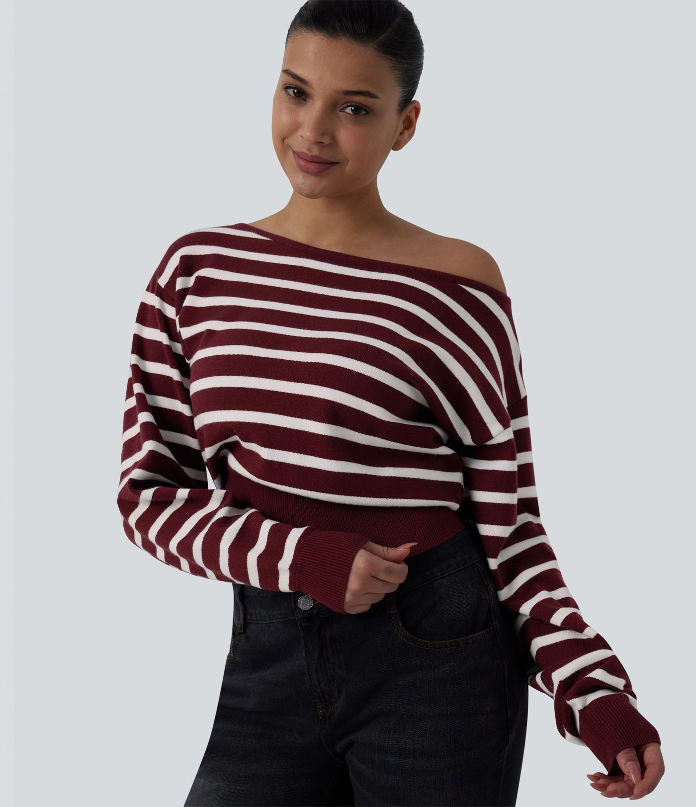 One-shoulder Long Sleeve Stripes Casual Sweater