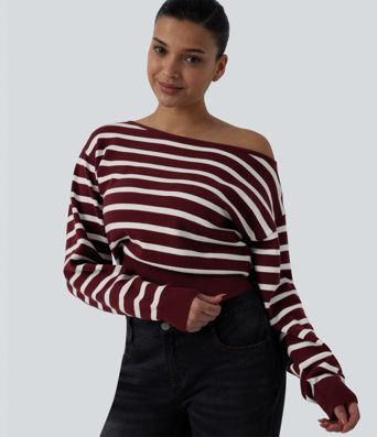 One-shoulder Long Sleeve Stripes Casual Sweater