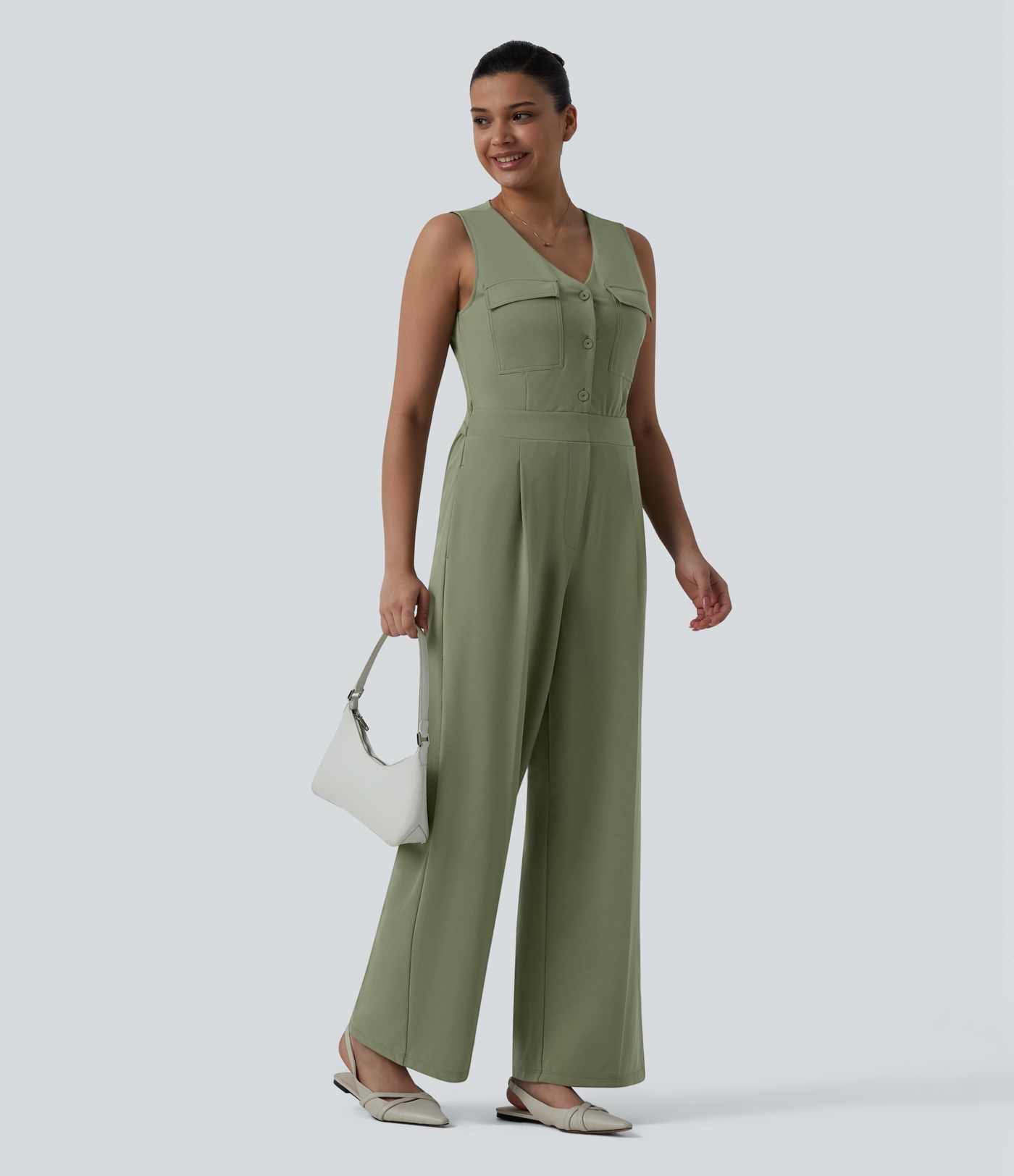 V-neck Sleeveless Pleated Work Jumpsuit with Pockets-Easy Peezy