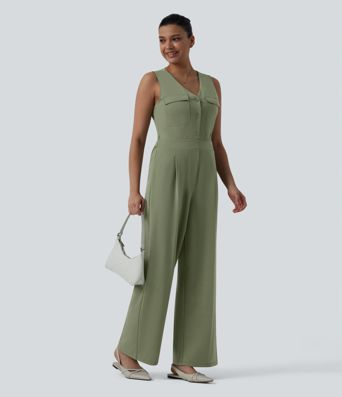 V-neck Sleeveless Pleated Work Jumpsuit with Pockets-Easy Peezy