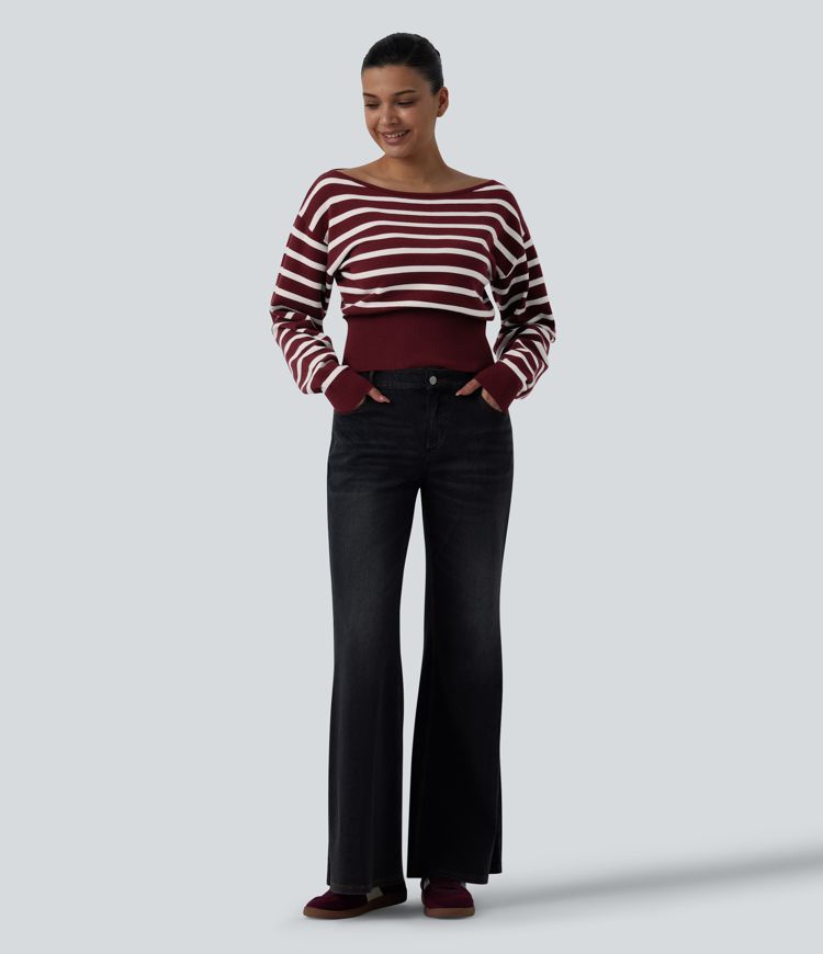 One-shoulder Long Sleeve Stripes Casual Sweater