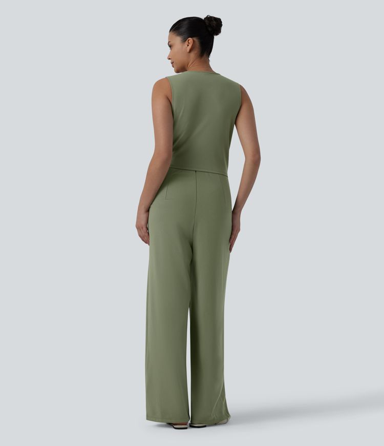 V-neck Sleeveless Pleated Work Jumpsuit with Pockets-Easy Peezy