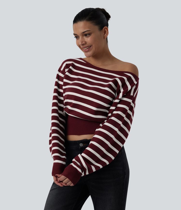 One-shoulder Long Sleeve Stripes Casual Sweater