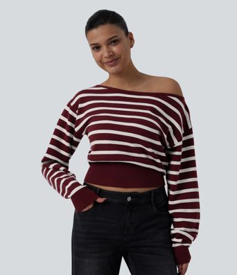 One-shoulder Long Sleeve Stripes Casual Sweater One-shoulder Long Sleeve Stripes Casual Sweater