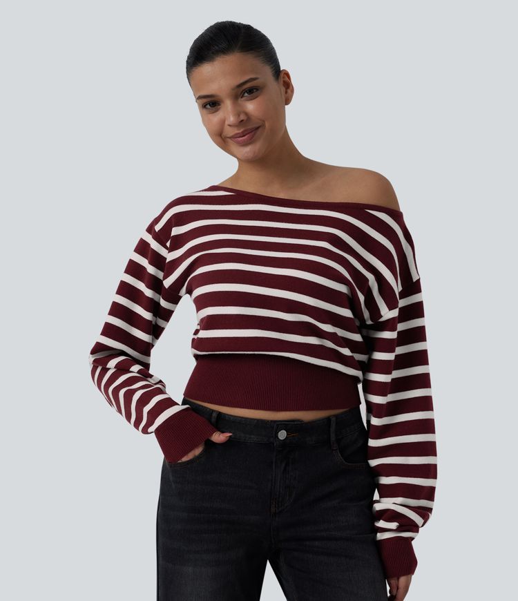 One-shoulder Long Sleeve Stripes Casual Sweater One-shoulder Long Sleeve Stripes Casual Sweater