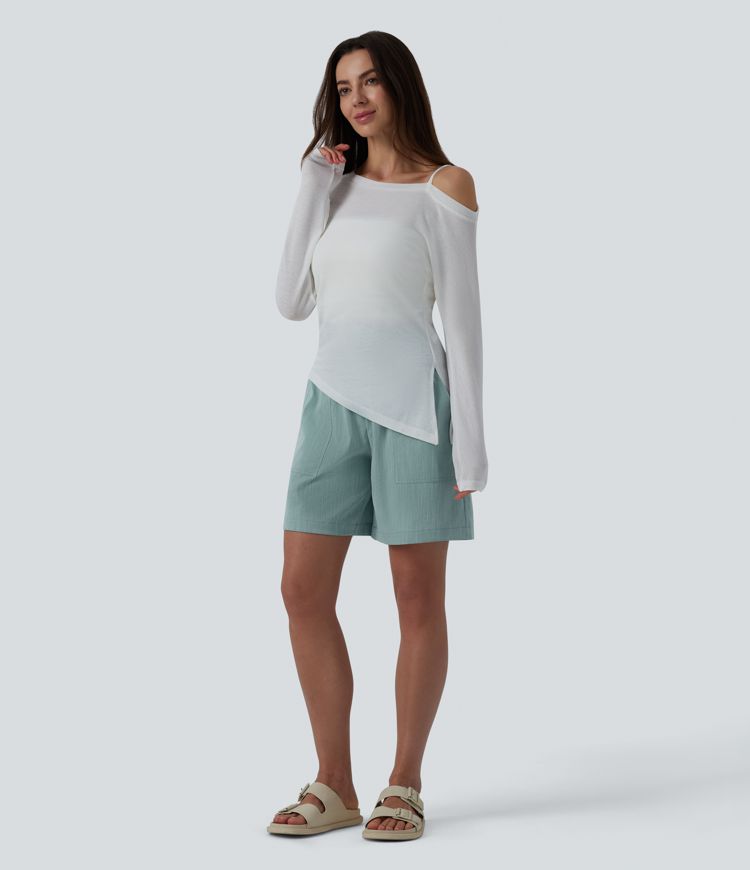 High Waisted Shirred Casual Linen-Feel Bermuda Shorts 7'' with Pockets