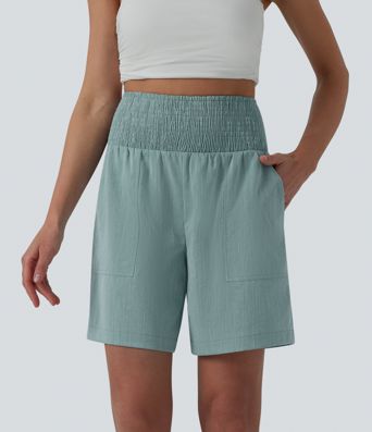 High Waisted Shirred Casual Linen-Feel Bermuda Shorts 7'' with Pockets