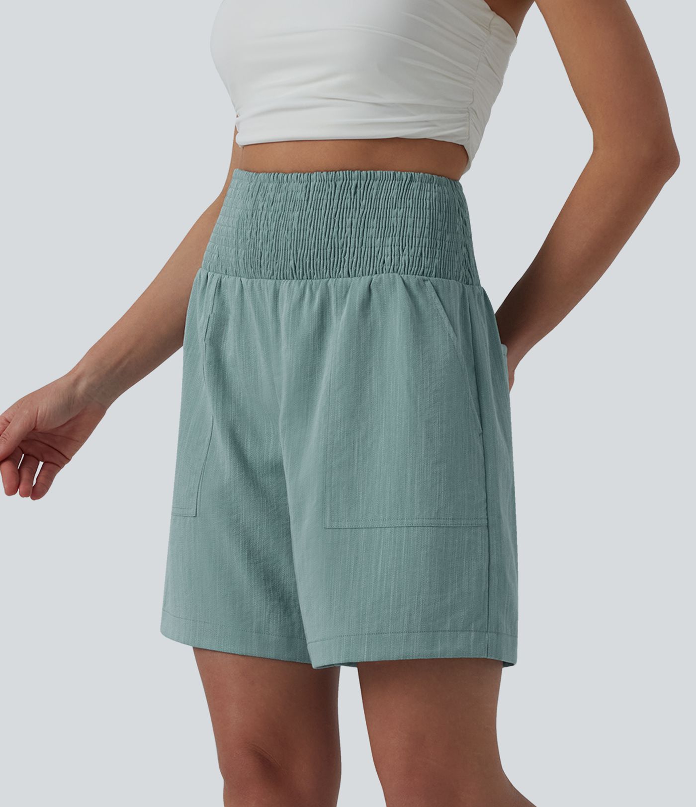 High Waisted Shirred Casual Linen-Feel Bermuda Shorts 7'' with Pockets