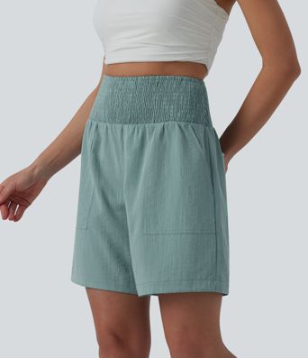 High Waisted Shirred Casual Linen-Feel Bermuda Shorts 7'' with Pockets