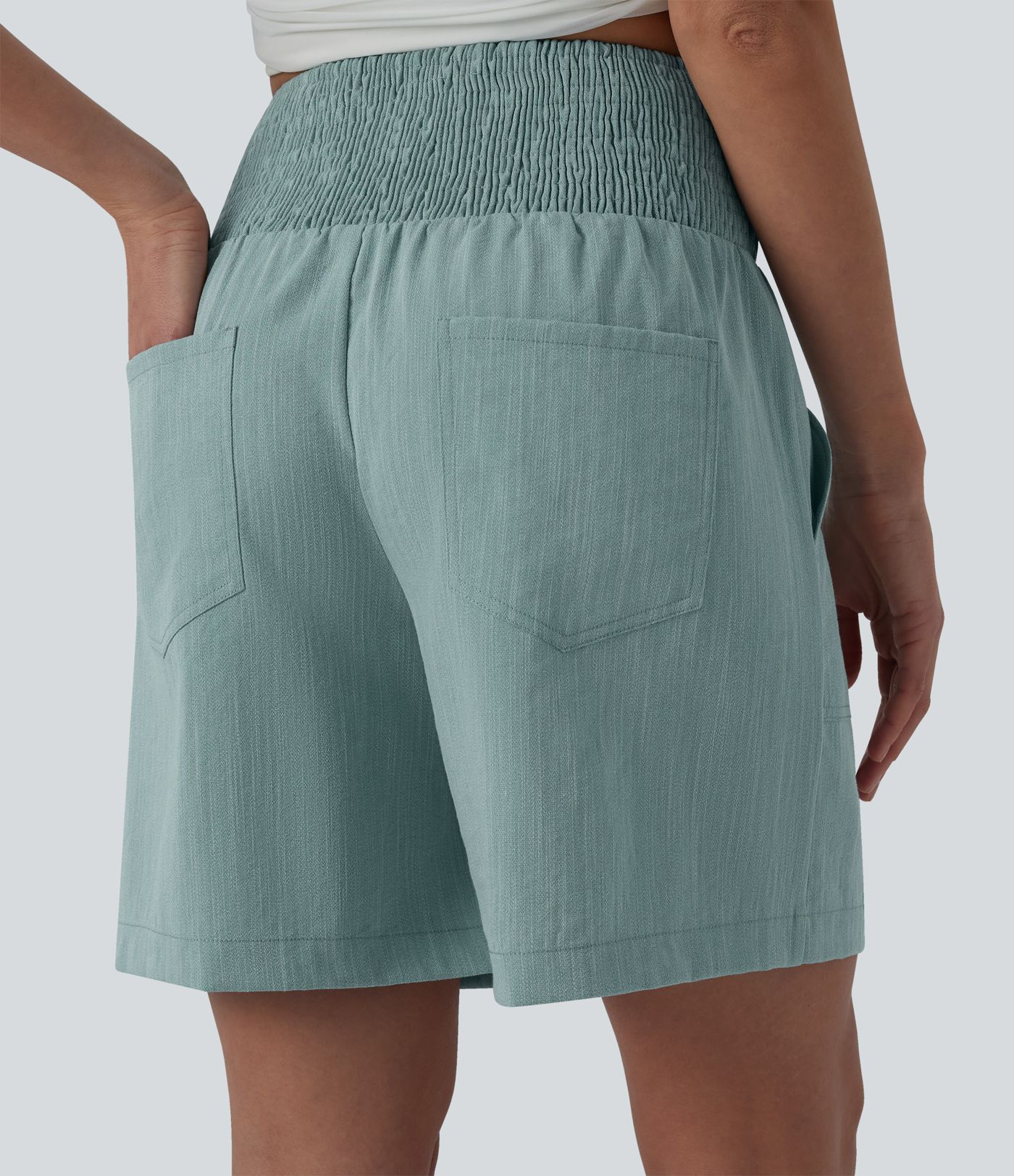 High Waisted Shirred Casual Linen-Feel Bermuda Shorts 7'' with Pockets