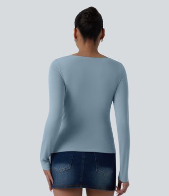 Asymmetric Neck Long Sleeve Ruched Casual Top
