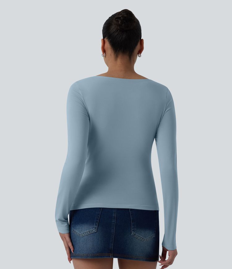 Asymmetric Neck Long Sleeve Ruched Casual Top