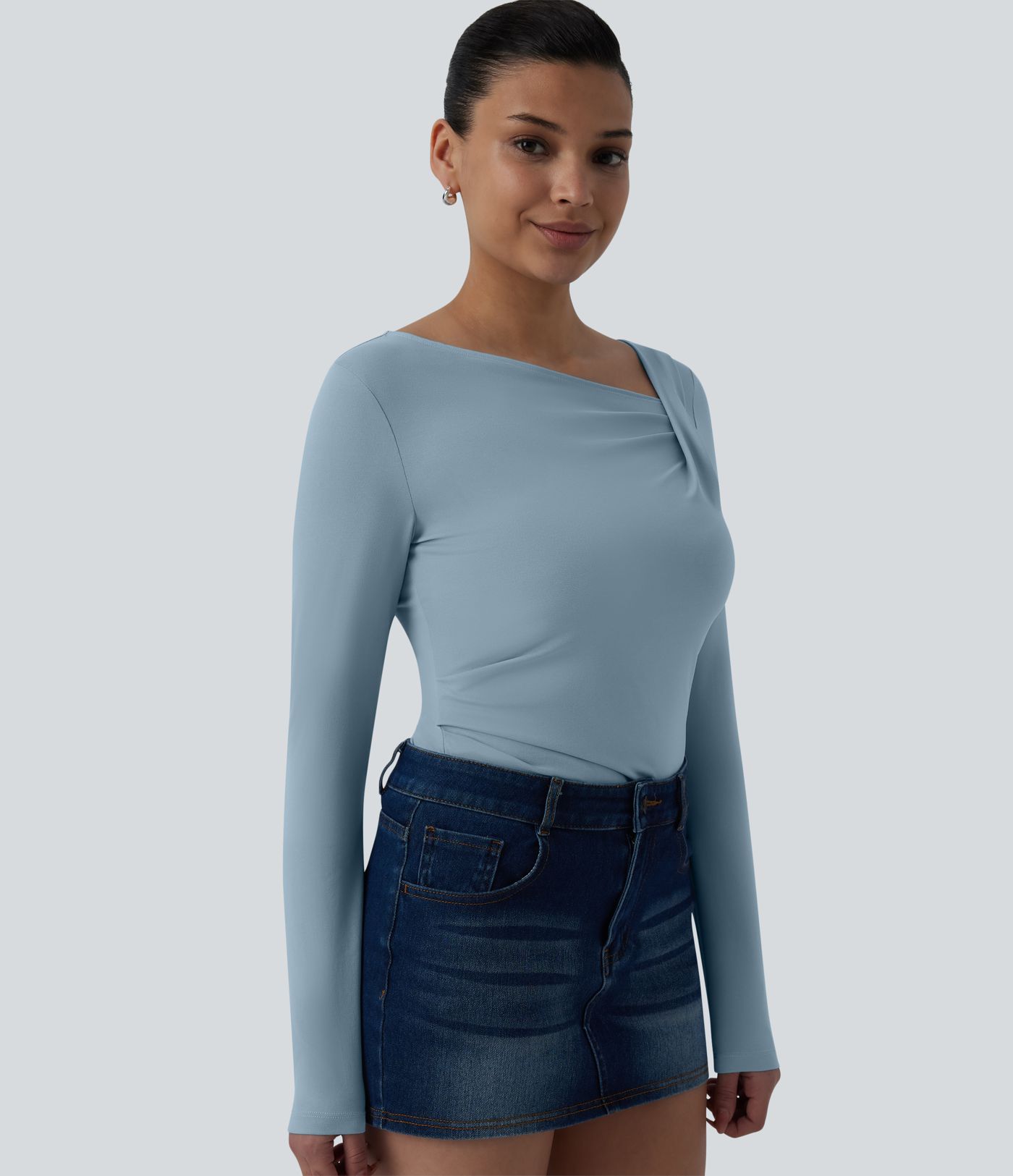 Asymmetric Neck Long Sleeve Ruched Casual Top