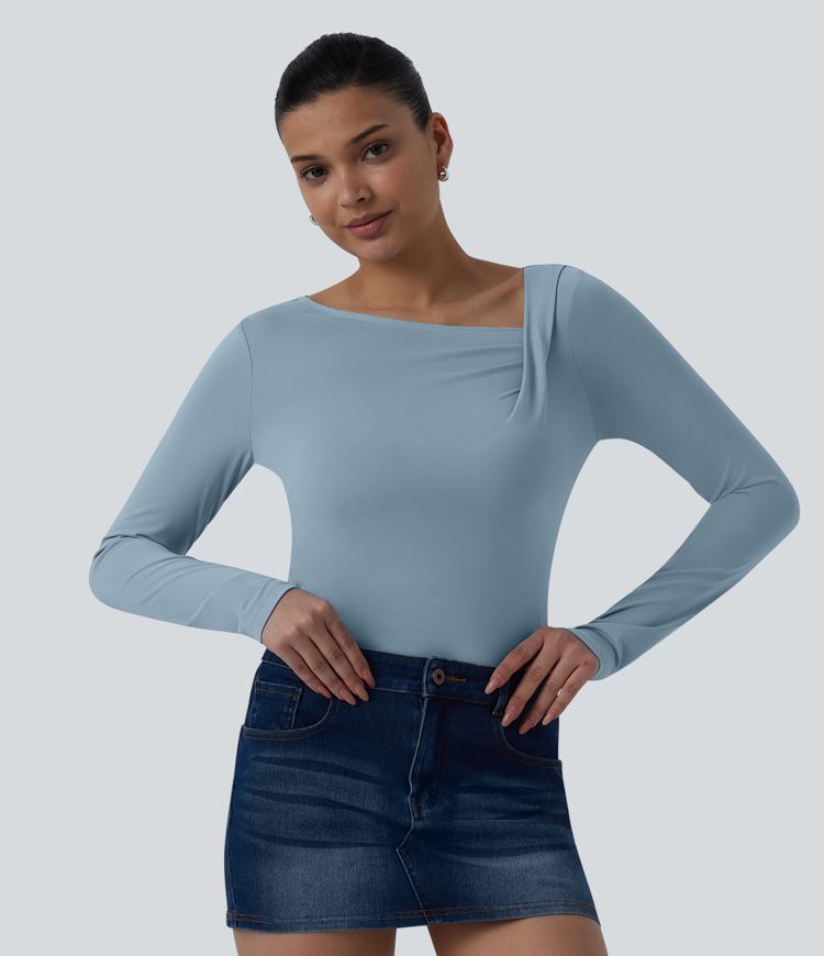 Asymmetric Neck Long Sleeve Ruched Casual Top