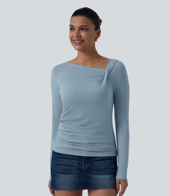 Asymmetric Neck Long Sleeve Ruched Casual Top