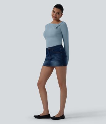 Asymmetric Neck Long Sleeve Ruched Casual Top