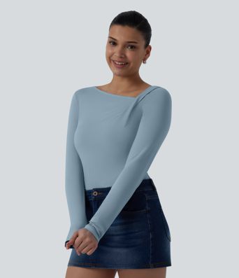 Asymmetric Neck Long Sleeve Ruched Casual Top