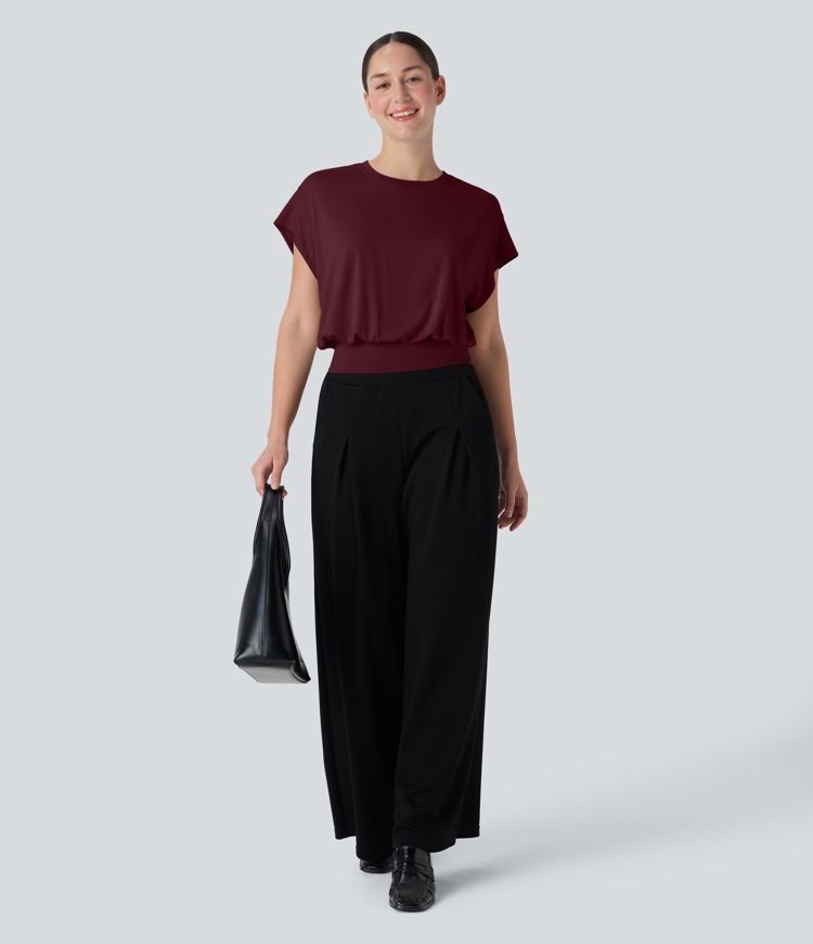 Round Neck Short Batwing Sleeve Work T-Shirt