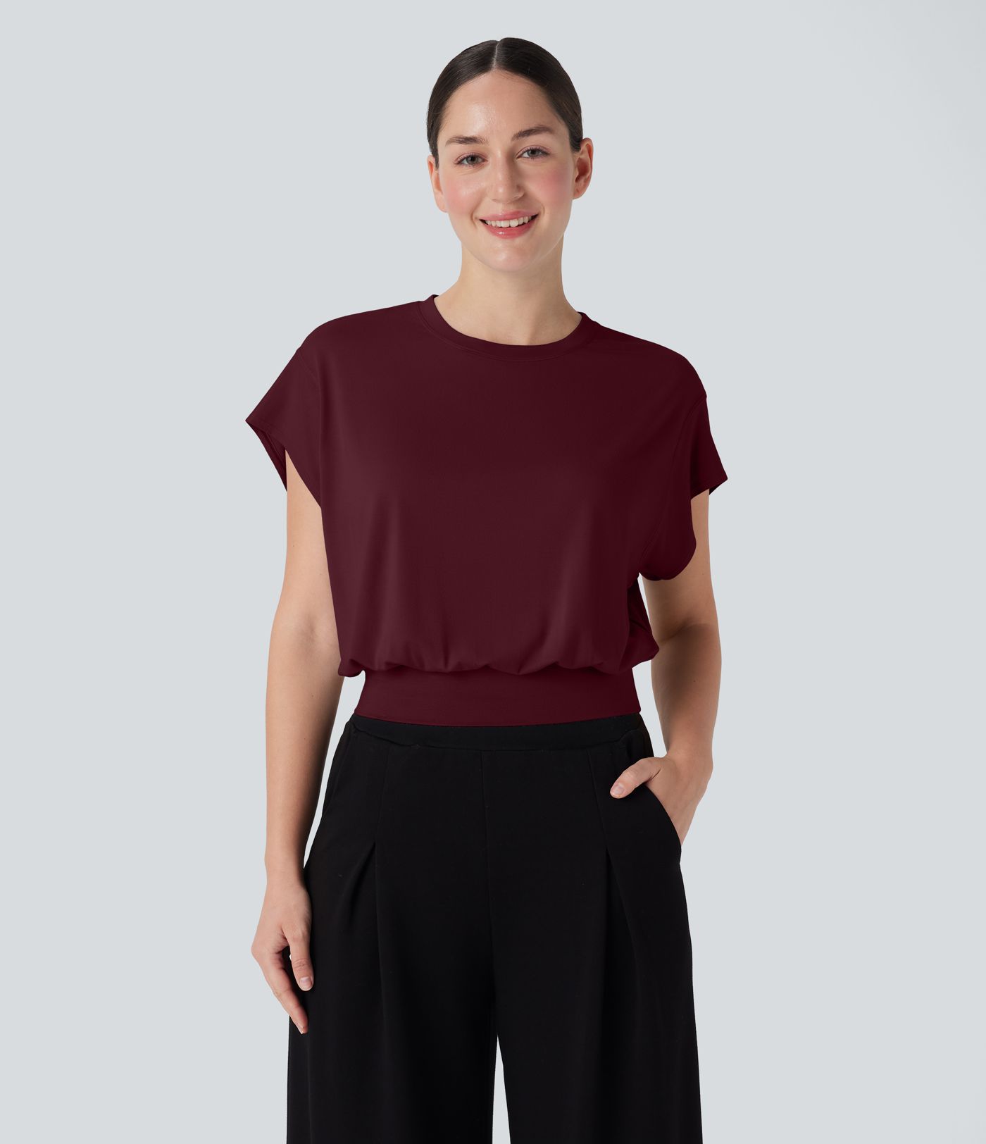 Round Neck Short Batwing Sleeve Work T-Shirt