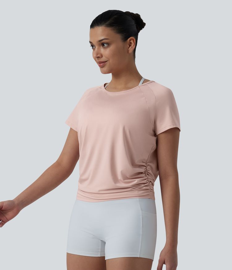 Top de sport pour le yoga à col rond, manches raglan courtes, dos découpé et froncé