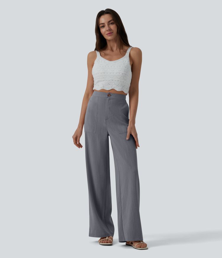 High Waisted Zip Hem Wide Leg Casual Linen-Feel Pants with Pockets