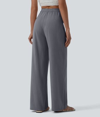High Waisted Zip Hem Wide Leg Casual Linen-Feel Pants with Pockets