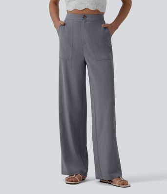 High Waisted Zip Hem Wide Leg Casual Linen-Feel Pants with Pockets