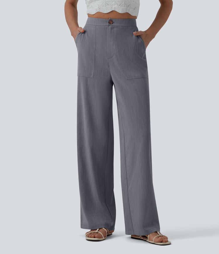 High Waisted Zip Hem Wide Leg Casual Linen-Feel Pants with Pockets