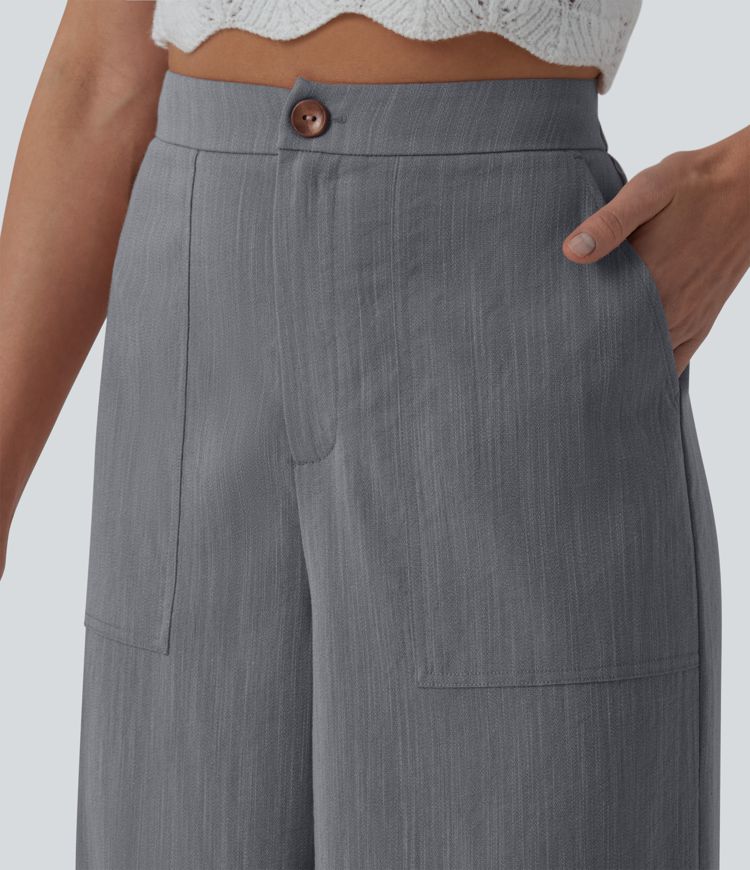 High Waisted Zip Hem Wide Leg Casual Linen-Feel Pants with Pockets