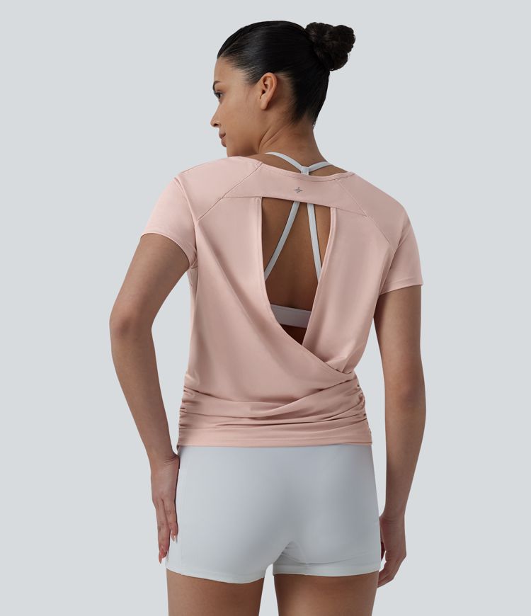 Top de sport pour le yoga à col rond, manches raglan courtes, dos découpé et froncé