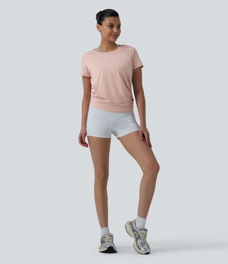 Top de sport pour le yoga à col rond, manches raglan courtes, dos découpé et froncé