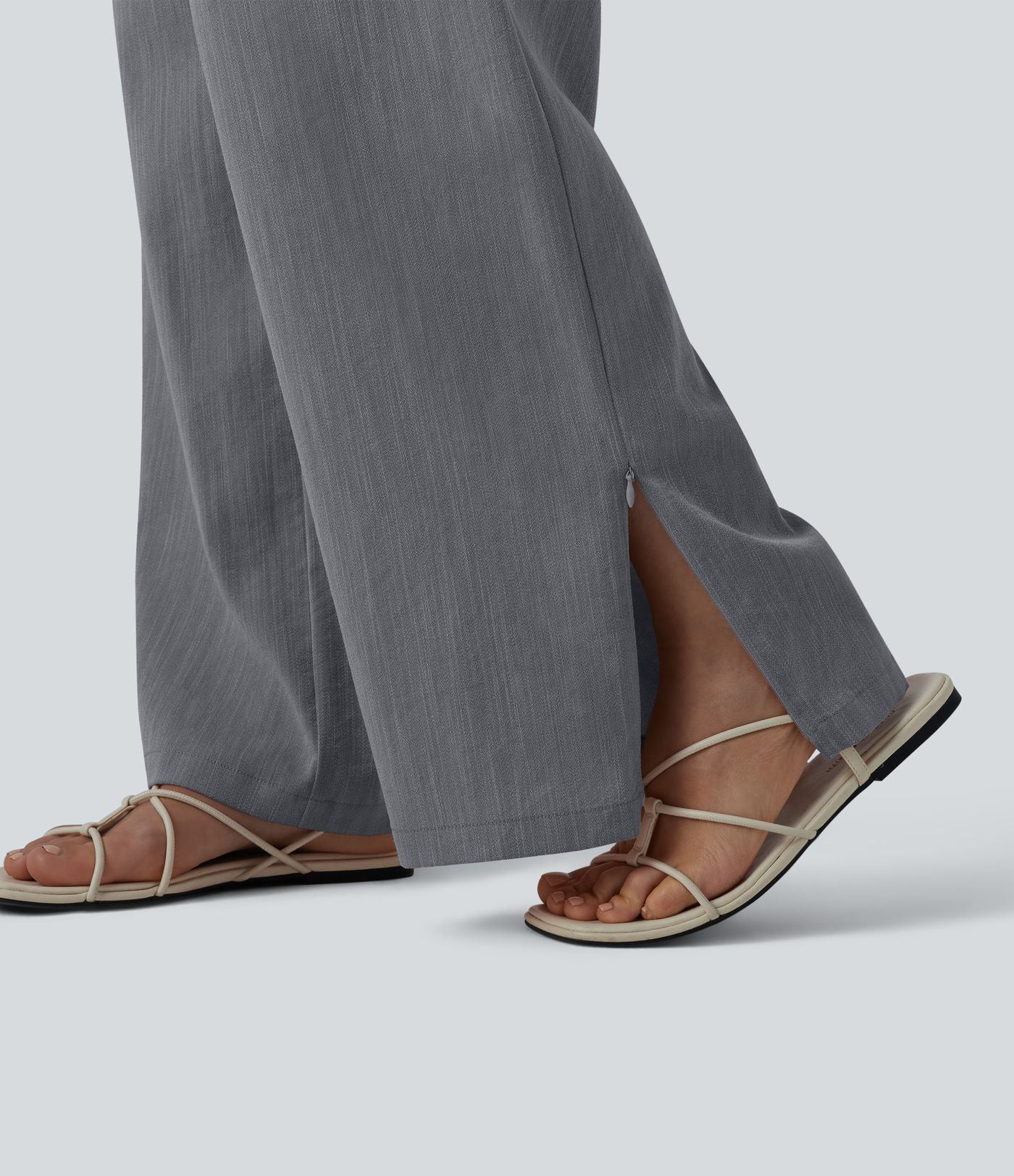 High Waisted Zip Hem Wide Leg Casual Linen-Feel Pants with Pockets