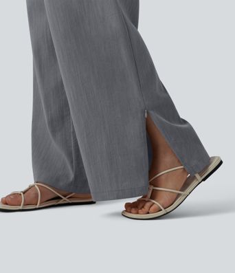 High Waisted Zip Hem Wide Leg Casual Linen-Feel Pants with Pockets