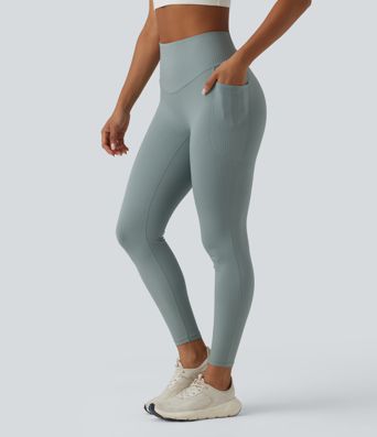 Ribbed Knit High Waisted Tummy Control Workout Leggings with Pockets