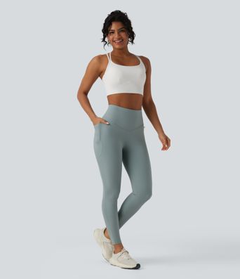 Ribbed Knit High Waisted Tummy Control Workout Leggings with Pockets