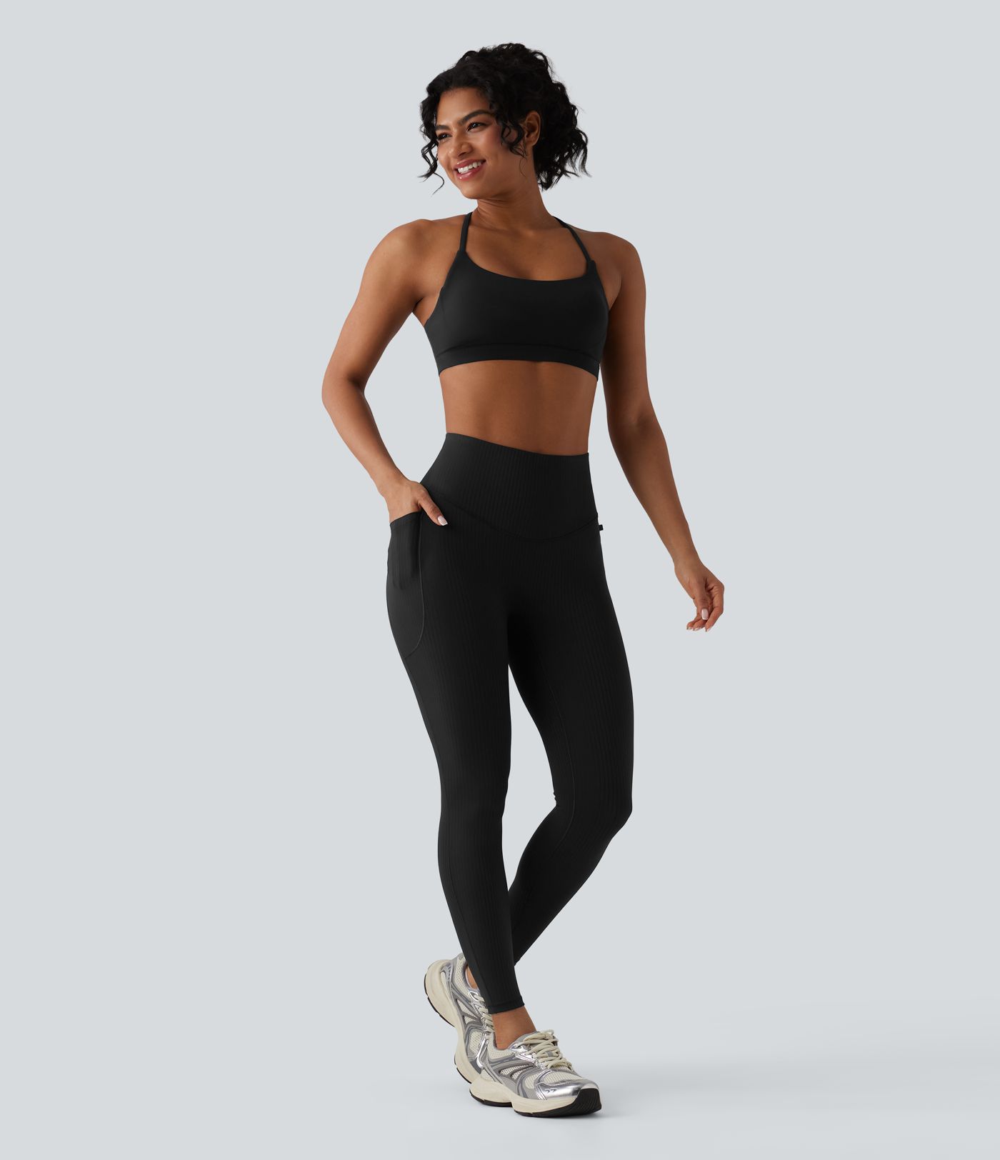 Ribbed Knit High Waisted Tummy Control Workout Leggings with Pockets