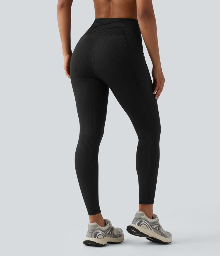 Ribbed Knit High Waisted Tummy Control Workout Leggings with Pockets