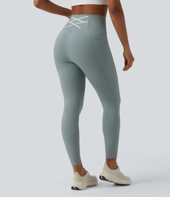 Ribbed Knit High Waisted Tummy Control Workout Leggings with Pockets